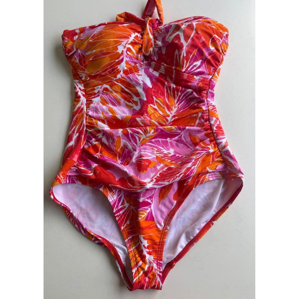 Lauren Ralph Lauren Lush Tropical Print One Piece Swimsuit 8 Pink Ruched Halter